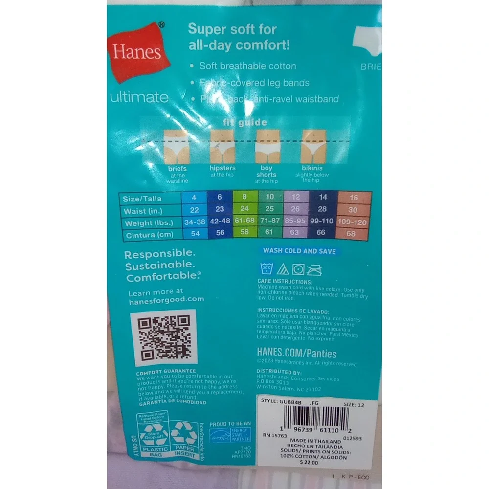 Hanes Ultimate Girls 14 Pack Tagless Briefs Underwear Multicolor Cotton Size 12